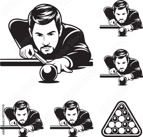 A sequence of pool player's technique while aiming at the balls on a pool table