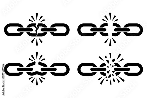 Set of broken chain link icons showing weakness and disconnection