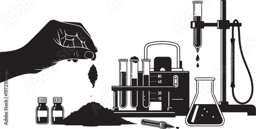 Hand pouring black powder into laboratory equipment setup illustration