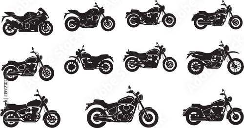 Collection of various motorcycle silhouettes in black and white