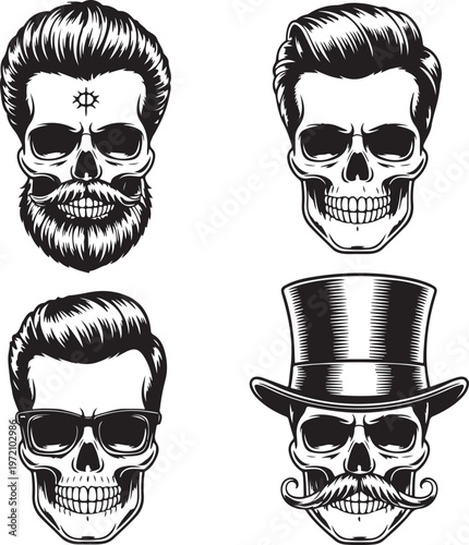 Four stylish skull illustrations with distinct facial hair and accessories
