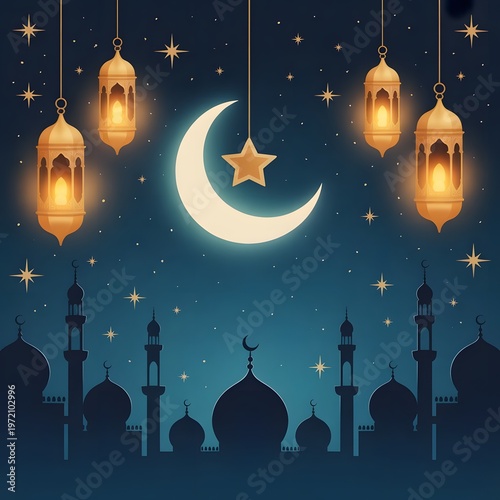 Ramadan, crescent moon, starry night sky, hanging lanterns, mosque silhouette