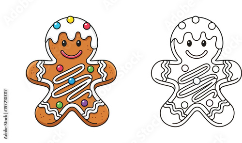 Cute Gingerbread Man Cookie Illustration and Black and White Line Art Coloring Page for Kids Christmas Holiday Activities Isolated on White Background Vector