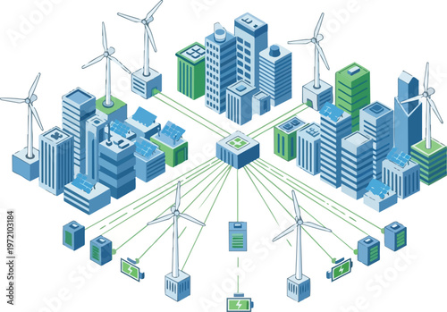 Sustainable Smart City Infrastructure with Renewable Energy Grid, Wind Turbines, and Solar Panels Isometric Illustration