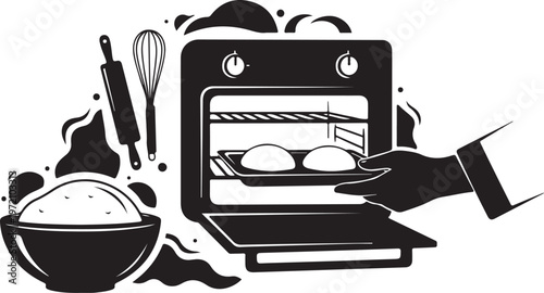 Baking illustration with eggs and kitchen utensils vector graphic