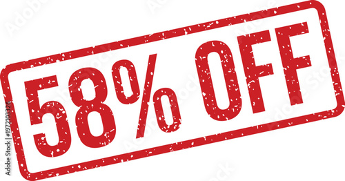 A bold red textured rubber stamp sign showing the important message fifty eight percent off on white