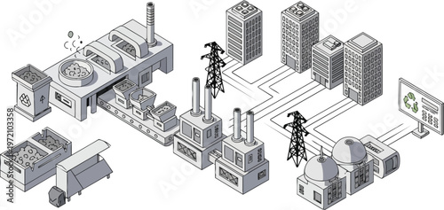 Isometric Industrial Recycling Factory and Urban Energy Grid Concept Illustration, Sustainable Waste Management and Smart City Infrastructure