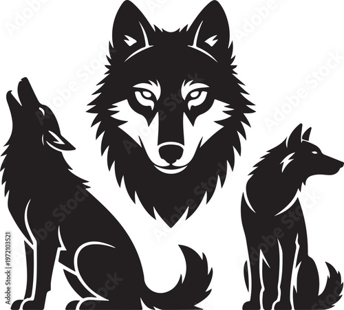 A striking black and white illustration of three wolves in a family group.