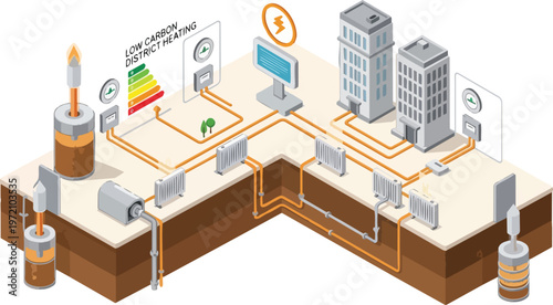 Low Carbon District Heating Isometric 3D Diagram Showing Geothermal Energy, Piping, and Building HVAC Systems for Sustainable Urban Living