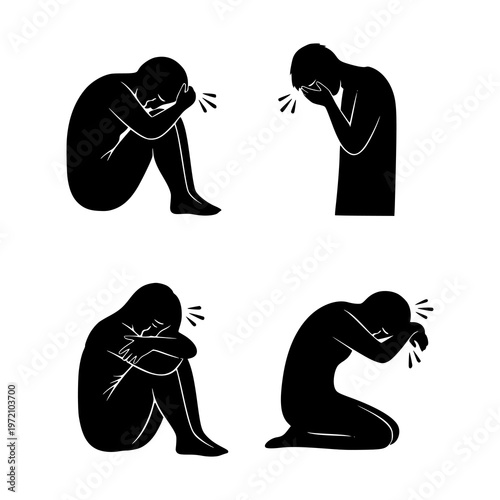 Silhouette of a person feeling stressed or sad. Four silhouettes of a person feeling stressed or sad, kneeling or sitting with their head in their hands