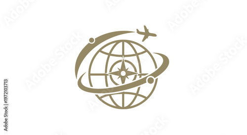 Elegant Travel Logo Featuring Globe, Airplane, and Circular Orbits.