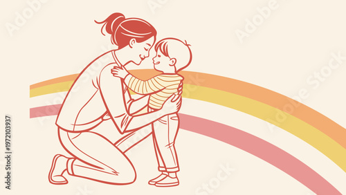 Mother kneeling hugging child with rainbow background symbolizing love care support and family bond