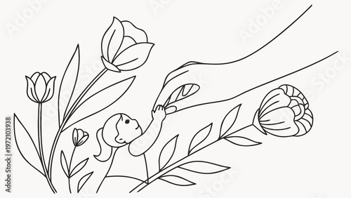 Line art of nurturing hands protecting small figure among flowers symbolizing care growth and protection