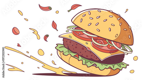 Juicy cheeseburger with lettuce tomato cheese and sesame bun splashing sauce in dynamic fast food illustration