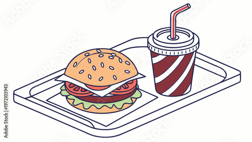Fast food tray with burger and soda cup in minimal line style illustration