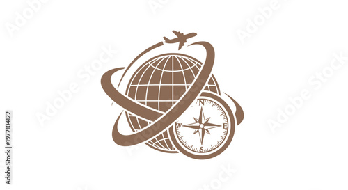 Elegant Travel Logo Featuring Globe, Airplane, and Compass Design.