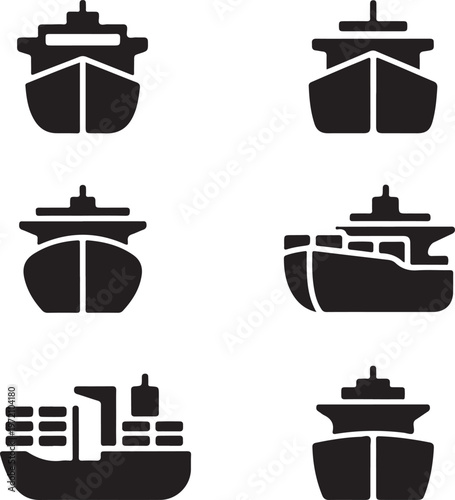 Six distinct types of cargo and container ships in silhouette form