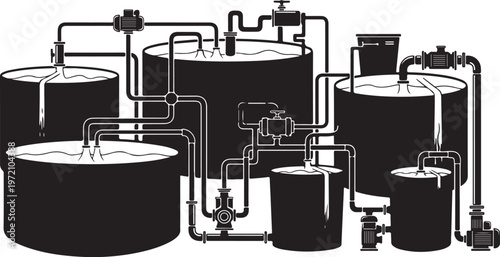 Industrial oil storage tanks and pipeline system illustration