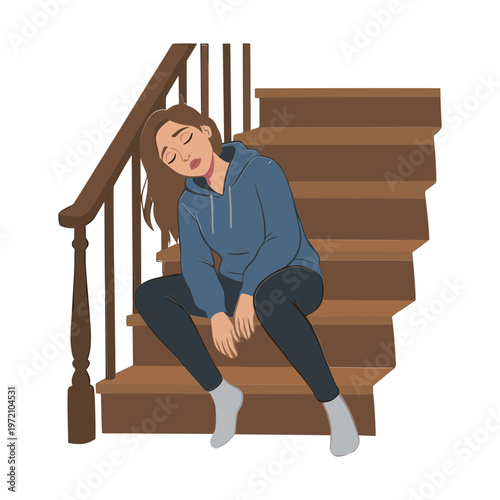 Woman sitting on stairs looking unwell with her head down.