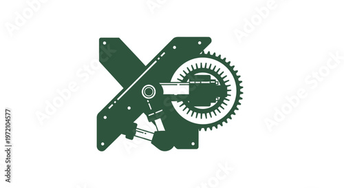 Detailed illustration of a complex mechanical gear system in green color.