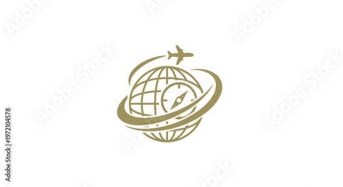 Elegant Travel Logo Featuring Globe, Airplane, and Compass Design.
