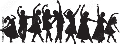 Silhouette of people dancing together in various poses happily
