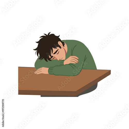 A young man sleeps on a brown wooden table exhausted
