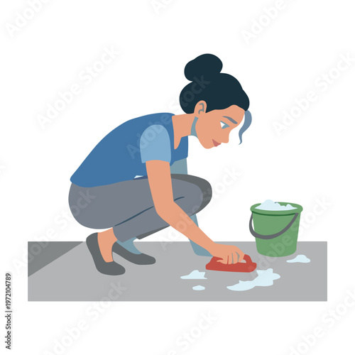 Woman cleaning floor with sponge and bucket in a domestic setting indoors