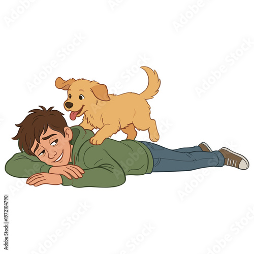 A boy lies on the ground while a dog stands on him happily outdoors