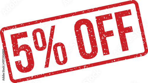 A vibrant red grunge style rubber stamp prominently featuring a 5% OFF discount on a pristine white background