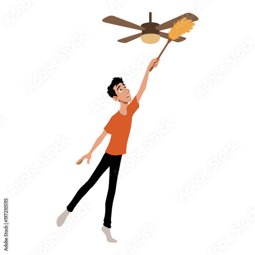 Man enthusiastically cleaning ceiling fan with duster in hand indoors