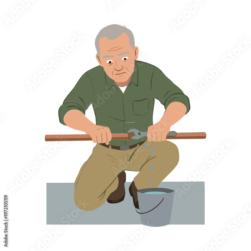An older man kneels to fix a pipe with water dripping into a bucket.