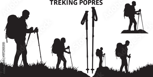 Silhouette of people trekking with backpacks and hiking poles