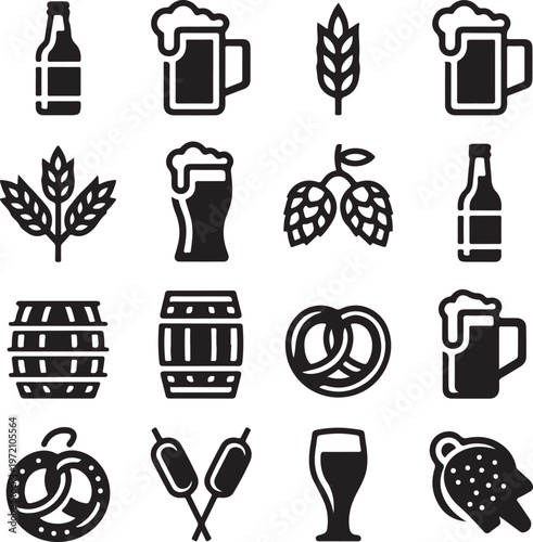 Iconic illustrations of beer and brewing paraphernalia in black and white