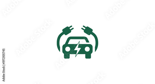 Electric Vehicle Symbol - Green Car with Charging Cables Icon.