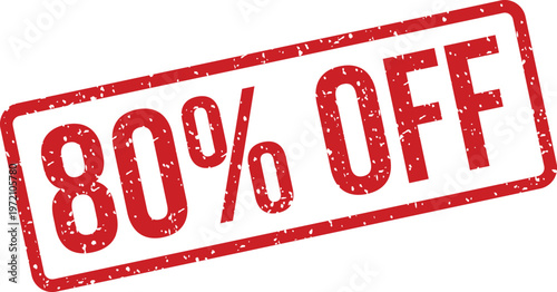 Bright red eighty percent off grunge style textured rubber stamp on a clean white surface