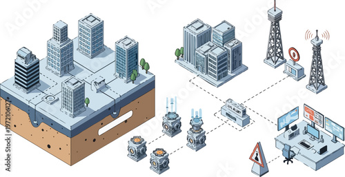 Isometric Smart City Infrastructure and Seismic Monitoring System with IoT Sensors and Data Control Center