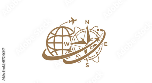 Elegant Travel Logo Featuring Globe, Compass, and Airplane Symbol.