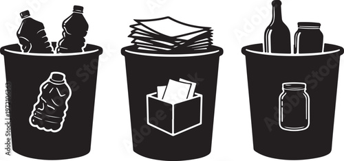 Recycling bins for plastic, paper, and glass waste management