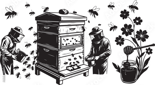 Beekeepers working with beehive and flowers in apiary setting