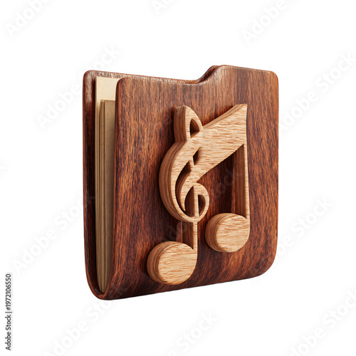 High-Quality Isolated Music Folder Icon with Wooden Musical Note for Creative Projects