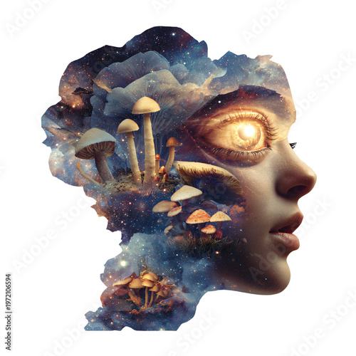 Enigmatic Nebula Woman Portrait with Mystical Mushrooms and Third Eye for Design Projects