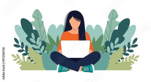 Professional woman sitting comfortably while working on her portable laptop computer in a peaceful garden setting showing a modern vector graphic illustration of a freelance specialist managing digita