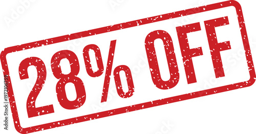 Red distressed rubber stamp with a 28% OFF text isolated on a clean white surface