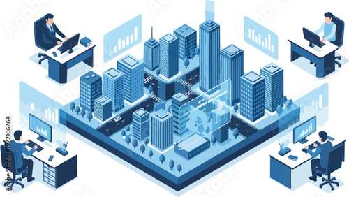 Isometric Smart City Management and Digital Twin Concept with Urban Planning Data and Business Professionals Analyzing Analytics for Future Infrastructure Development