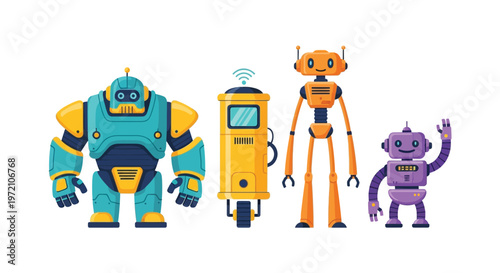 Friendly colorful robots standing together for a high quality vector illustration display that features various mechanical characters with distinct shapes and sizes showcasing creative robotic design 