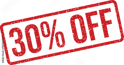 Red distressed rubber stamp with a 30% OFF text isolated on a clean white surface