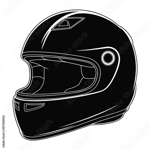 Black and white illustration of a full face motorcycle helmet