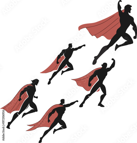 Five silhouettes of muscular superheroes with red capes flying and leaping in different poses.
