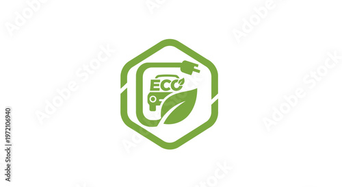 Eco-Friendly Electric Vehicle Symbol with Green Leaf and Hexagon.